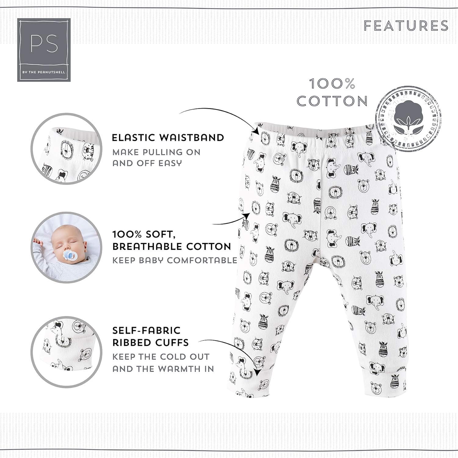 The Peanutshell Baby Pants Set for Boys or Girls | Black, Grey, & Safari Animals | 5 Pack, Newborn to 24 Month Sizes: Clothing
