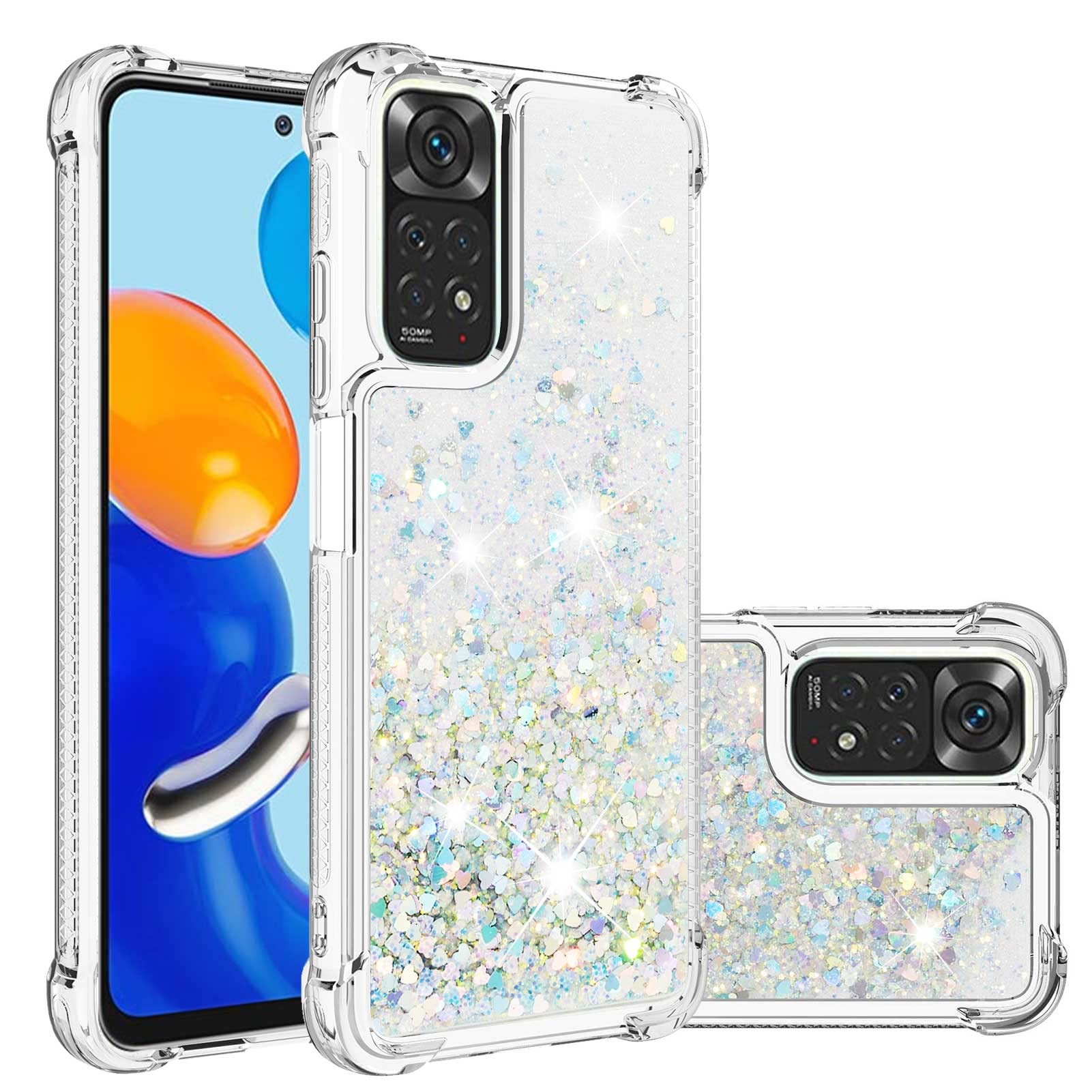 IMIRST Silicone Phone Case for Redmi Note 11 / 11s 4G, Corner Airbag Fall Protection Bling Glitter Quicksand Liquid Sparkle TPU Case Cover for Xiaomi Redmi Note 11s / 11 4G. YBW Love Silver