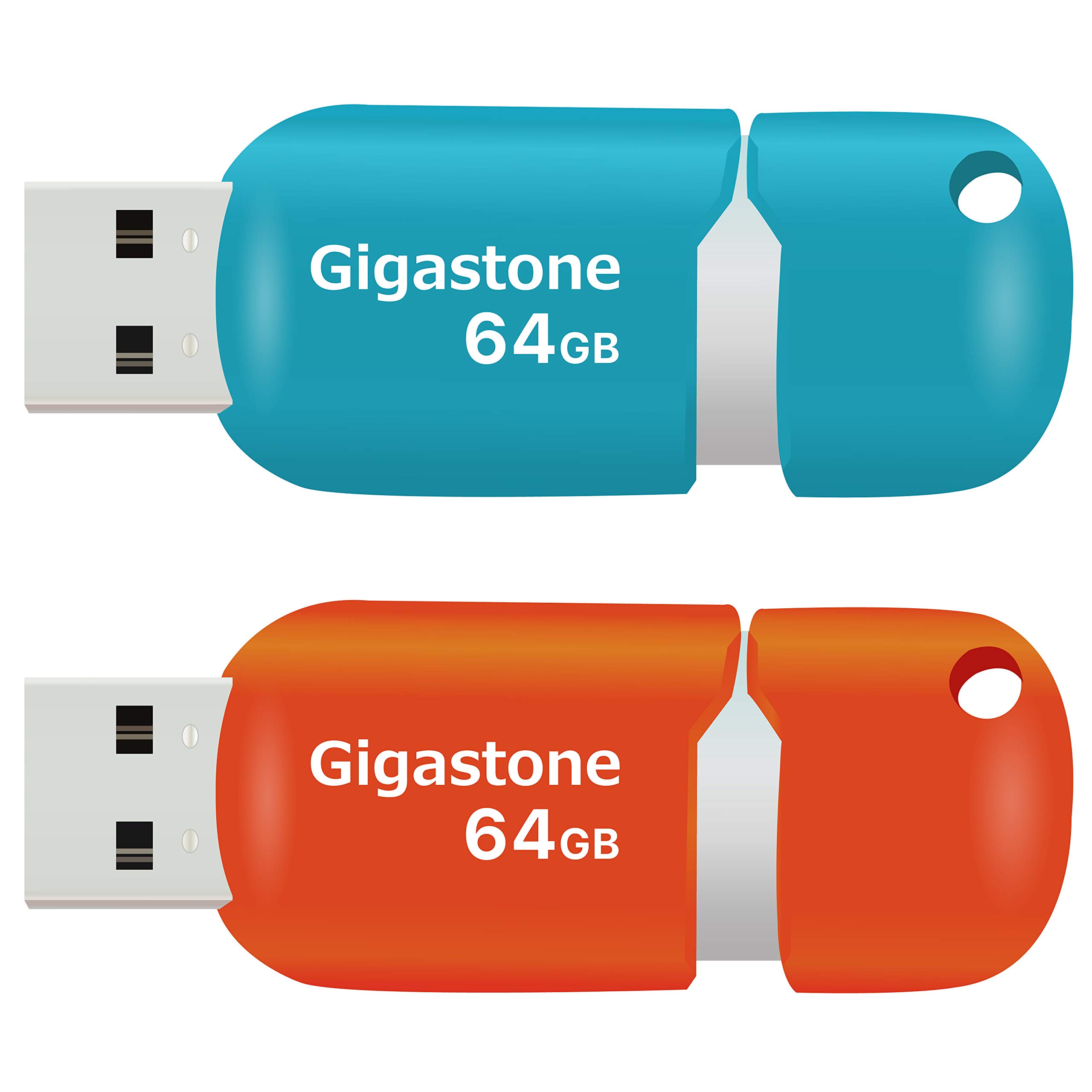 GIGASTONE 64GB 2-Pack V10 USB 2.0 Flash Drive Thumb Drive Memory Stick Pen Drive Capless Retractable Design (Blue&Orange)