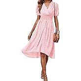 PRETTYGARDEN Women's Floral Wrap V-Neck Midi Dress Short Sleeve Boho Summer Beach Long Dress High Low Hem Smocked Dress Women