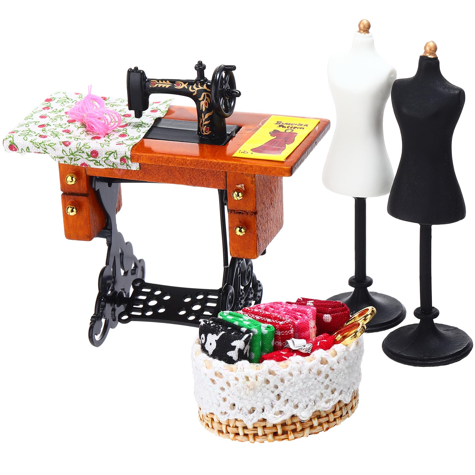 Photo 1 of Foilswirl 4 Pcs 1 :12 Miniature Sewing House Scene Miniature Sewing Machine, Sewing Basket, 2 Doll Dress Form for Vintage Valentines Toy Gift Mini Dollhouse Decoration Accessories