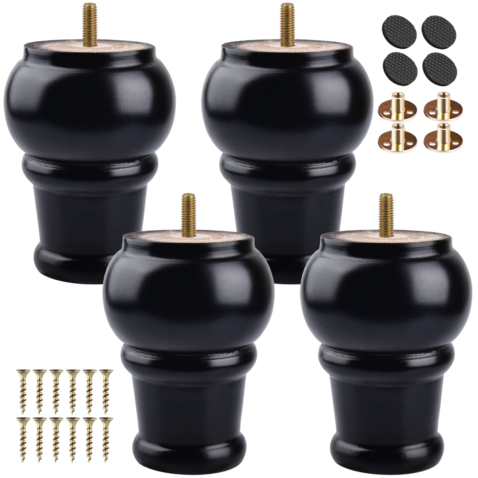TCHOSUZ 4 inch / 10cm Wooden Furniture Legs, Pack of 4 Classic Black Solid Wood Turned DIY Replacement Bun Feet with M8 Hanger Bolts & T-Nuts for Sofa Couch Ottoman Cabinet Table Riser — image 1