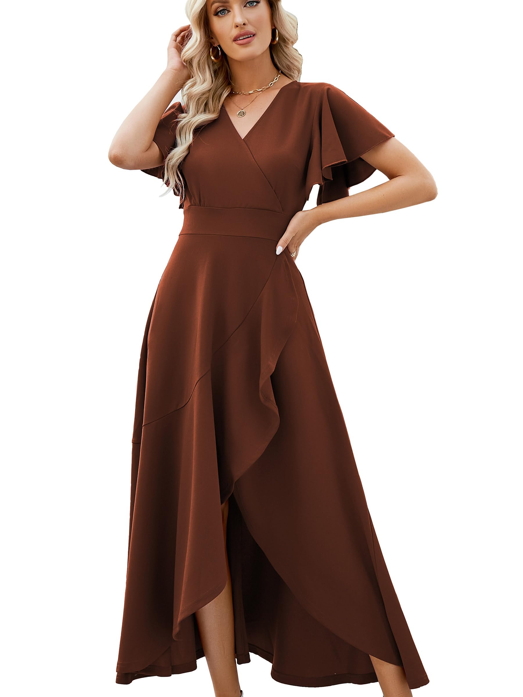 Photo 1 of Formal Dresses for Women,Gowns Evening Party Cocktail Dress,Long Split Elegant V Neck Wrap Ruffle Wedding Guest A-line Dresses Deep Coffee Brown-S