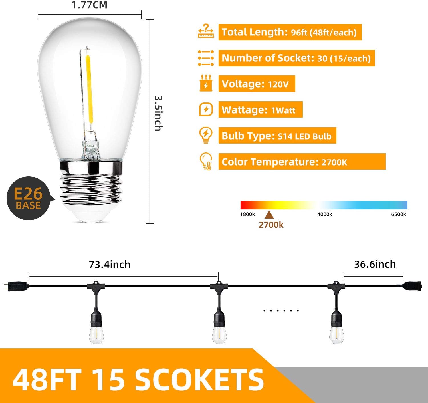 48ft 2 Packs LED Outdoor String Lights with Waterproof Shatterproof Dimmable 2700K Warm White Filament Bulbs, E26 15 Sockets Linkable Commercial Grade Hanging String Lights for Patio Deck Backyard: Home Improvement