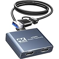 Capture Card, HDMI to USB 3.0/Type-C 4K@60Hz Video Streaming and 1080p 60FPS Recording, with Mic Audio Input & HDMI Loop-Out,