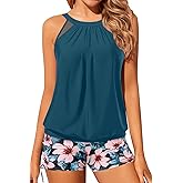 Yonique Tankini Swimsuits with Shorts - Tummy Control Two Piece Blouson Bathing Suits High Neck Swimwear