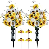 Memobloom Artificial Cemetery Flowers for Grave: 2 Pcs Yellow White Sunflower Grave Flower Bouquets for Cemetery Decorations - Spring Outdoor Gravesite Flowers with Vase