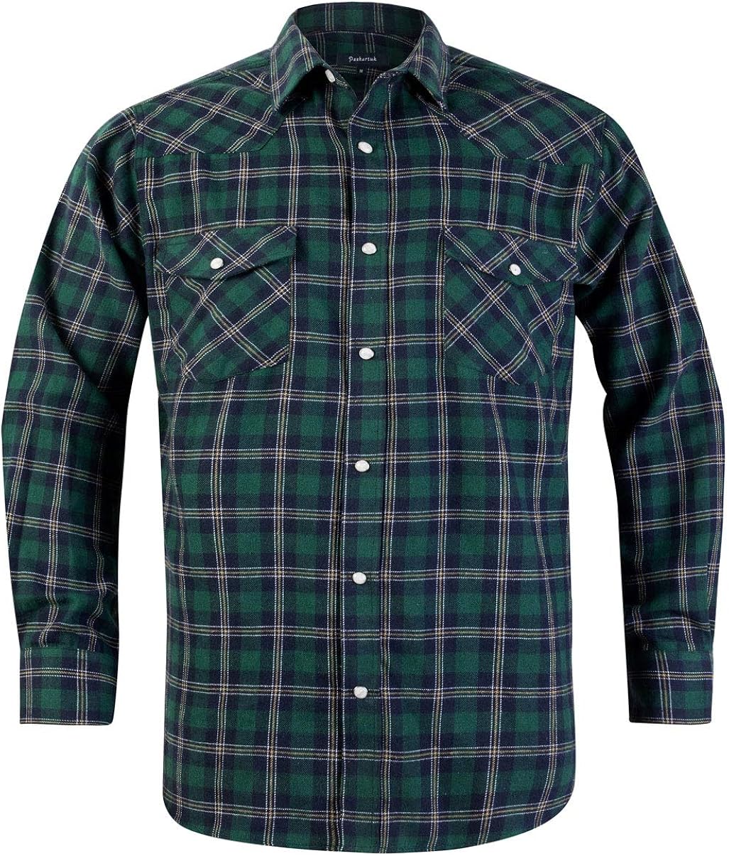 Snap Buttons Flannel Shirts for Men Regular Fit Mens Long Sleeve Shirt