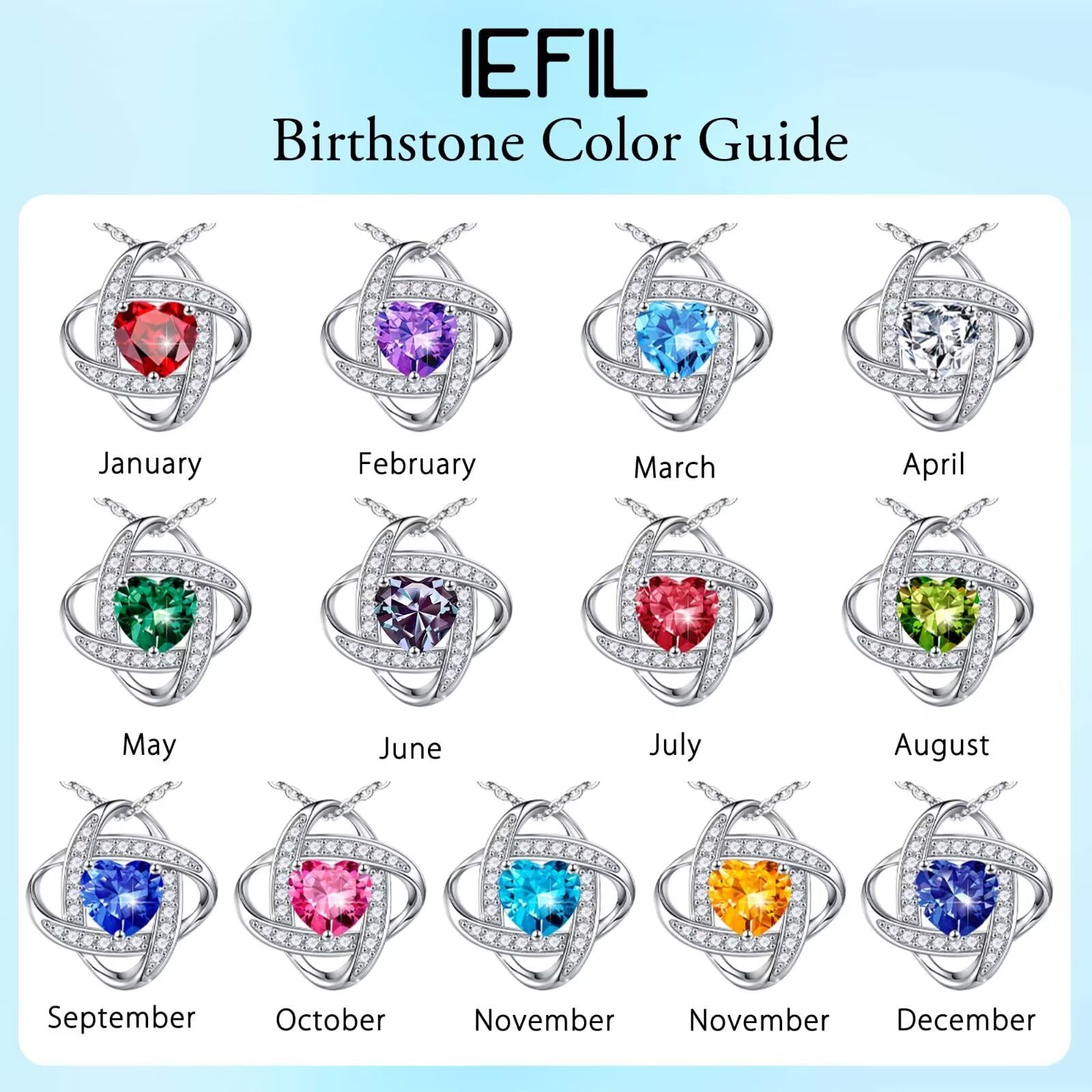 Iefil 925 Sterling Silver Love Knot Birthstone Necklace, Natural or Created Gemstone, Anniversary Birthday Gifts for Women, Jewelry Gifts for Wife Mom Girlfriend