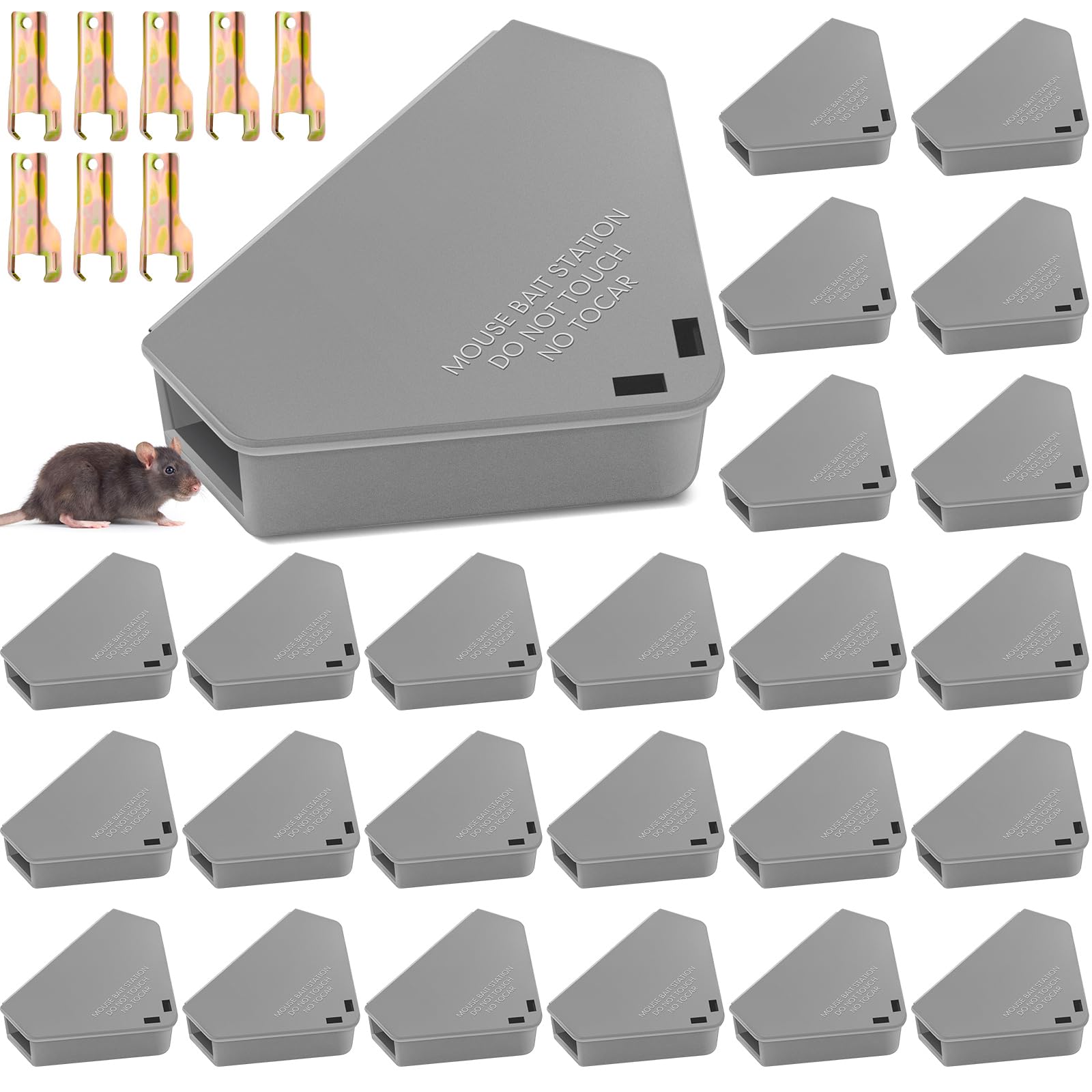 Photo 1 of Qualirey 24 Pcs Mice Station with Key Mouse Bait Station Reusable Mice Trap Bait Box, Keeps Children and Pets Safe Indoor & Outdoor, Bait Not Included, Suitable for Small Mice (Gray)