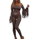 KWSTAIN Off The Shoulder Jumpsuit Fall Western Cowgirl Outfits Long Sleeve Fringe One Piece Romper For Women With Pockets