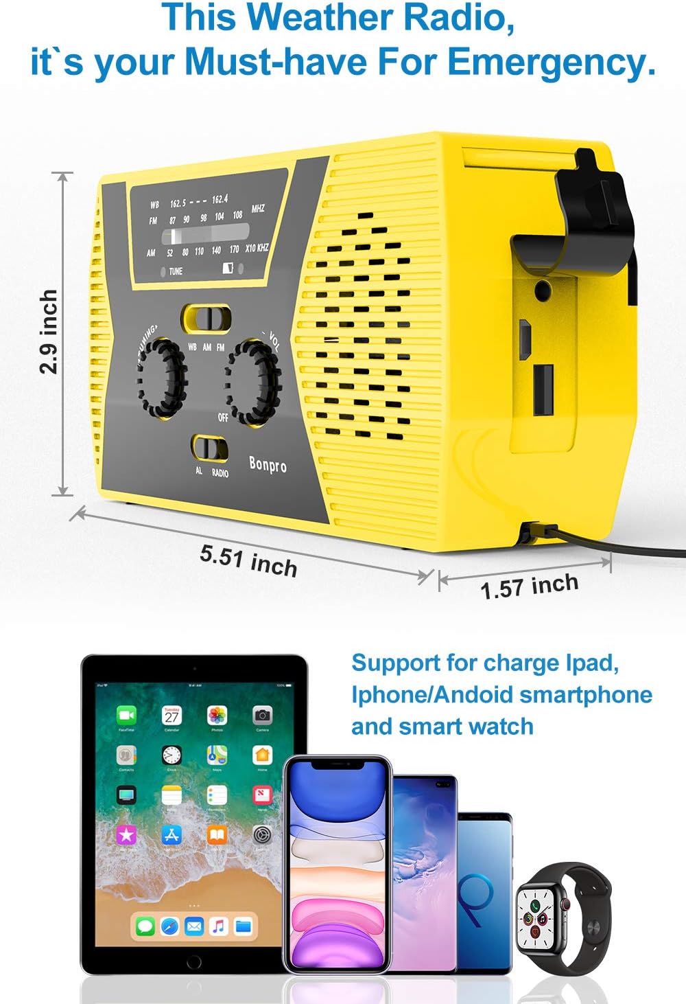 Emergency Radio 2020 New Version Bonpro Weather Radio with Solar and Crank Charger with Flashlight, Reading Lamp and 2000mAh Power Bank NOAA Weather Radio: Home Audio & Theater