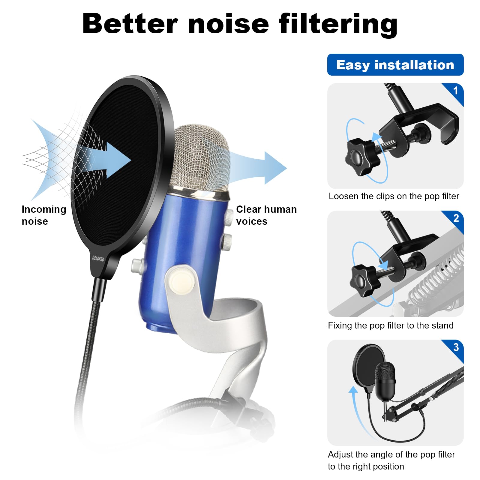 Aokeo Professional Microphone Pop Filter Mask Shield For Blue Yeti and Any Other Microphone, Mic Dual Layered Wind Pop Screen With A Flexible 360° Gooseneck Clip Stabilizing Arm