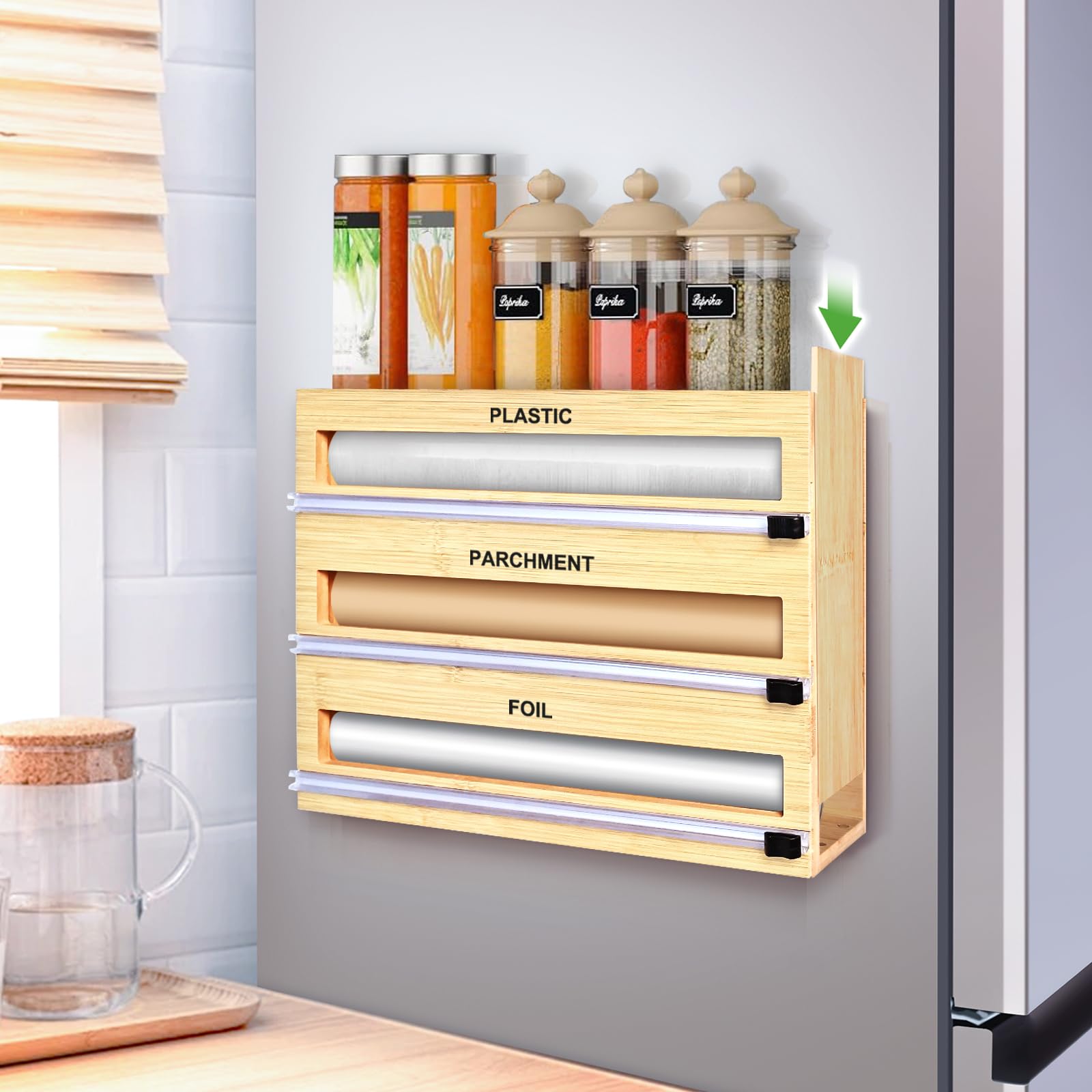 Photo 1 of **** PARTS ONLY*****FRONT OF WOOD BROKEN*****MSJGA Magnetic Plastic Wrap Dispenser with Cutter, 3 in 1 Refrigerator Bamboo Organizer for Tin Foil, Baking Paper, Wax Paper Holder Kitchen Storage Box Compatible