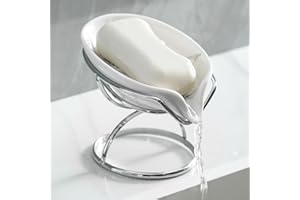 Dobbyby Leaf-Shaped Soap Dish – Premium Ceramic Soap Bar Holder with Self-Drainage System – Bar Soap Holder for Shower, Bathroom Sink, Kitchen – Waterfall Soap Dish with Stainless Steel Stand (SLIVER)
