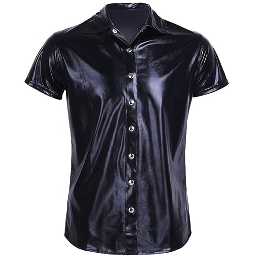 dPois Herren Kurzarm Shirt Glänzend T-Shirt Leder Hemd Männer Party Kleidung Glänzend Tops Muskelshirt Unterhemd Clubwear M-X