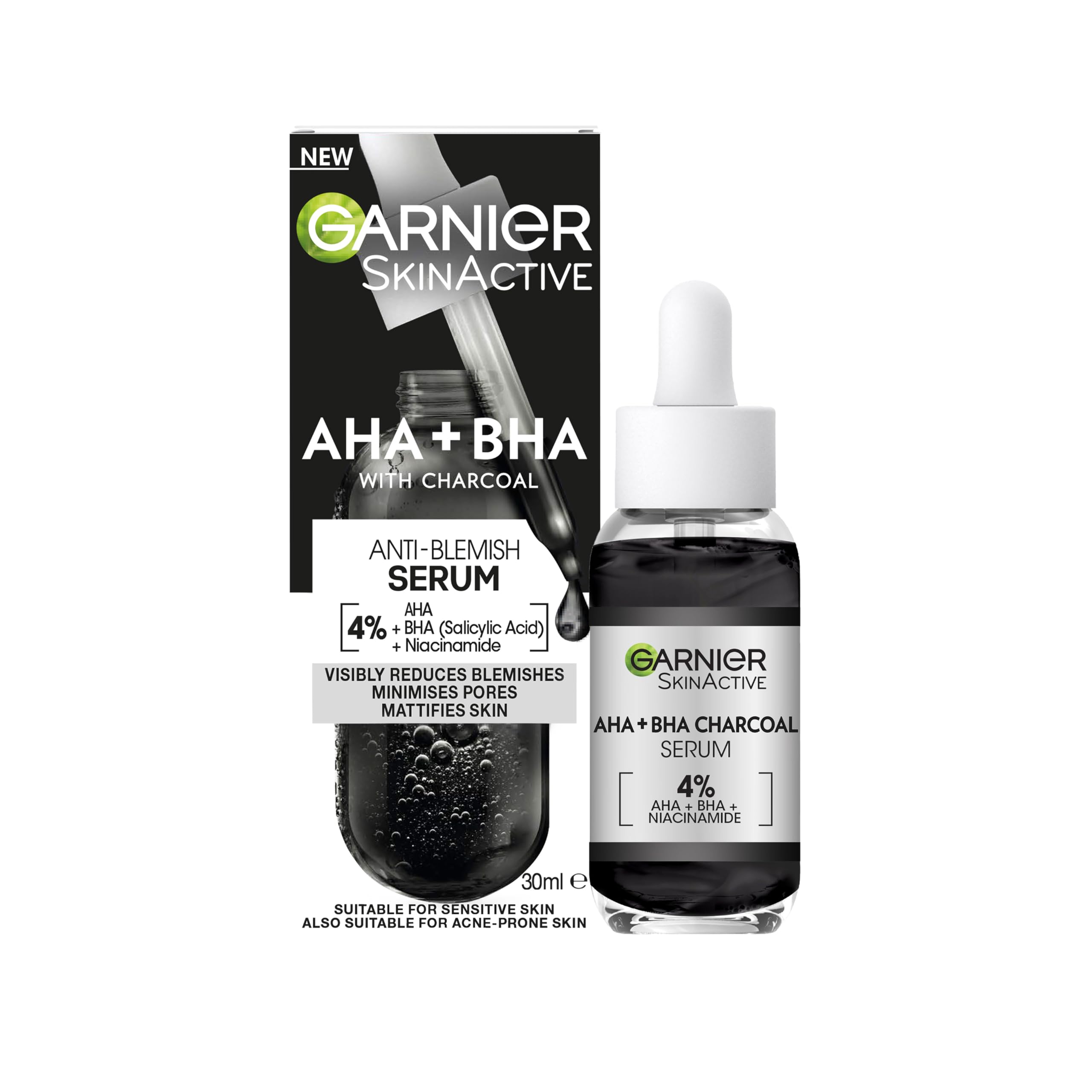 Garnier Skinactive 4% AHA + BHA (Salicylic Acid) & Niacinamide Charcoal Serum, Resurface & Smooth Skin Texture, Improve Appearance Of Marks & Blemishes, Suitable for Sensitive Skin, 30ml