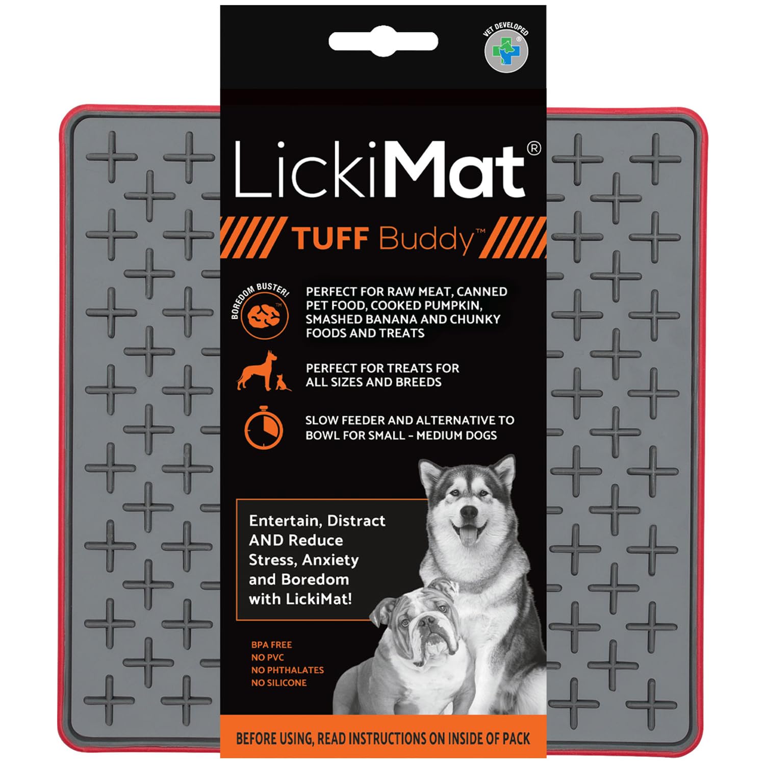 Lickimat Tuff, Heavy-Duty Buddy, Dog Slow Feeder Lick Mat, Boredom Anxiety Reducer; Perfect for Food, Treats, Yogurt, or Peanut Butter, Fun Alternative to a Slow Feed Dog Bowl - Red