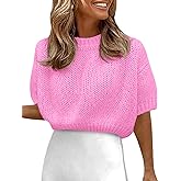 Fisoew Womens Cropped Knit Shirts Casual Puff Short Sleeve Crewneck Solid Loose Lightweight Crop Sweaters