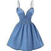 winkbay Women's Summer Denim Mini Dress Y2k Deep V Neck A Line Flowy Going Out Jean Dresses