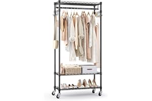 NATRKE Garment Rack with Storage Shelves, 3 Tiers Clothes Rack Heavy Duty with Lockable Wheels, Rolling Portable Closet Freestanding Wardrobe Racks for Storage, Max Load 420 lbs, Black S2