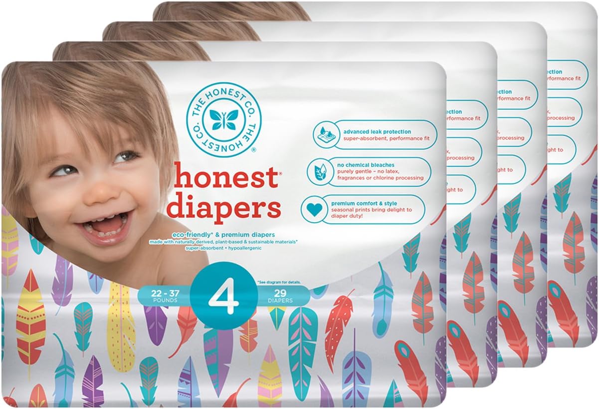 Honest Baby Diapers, Painted Feathers, Size 4, 116 Count
