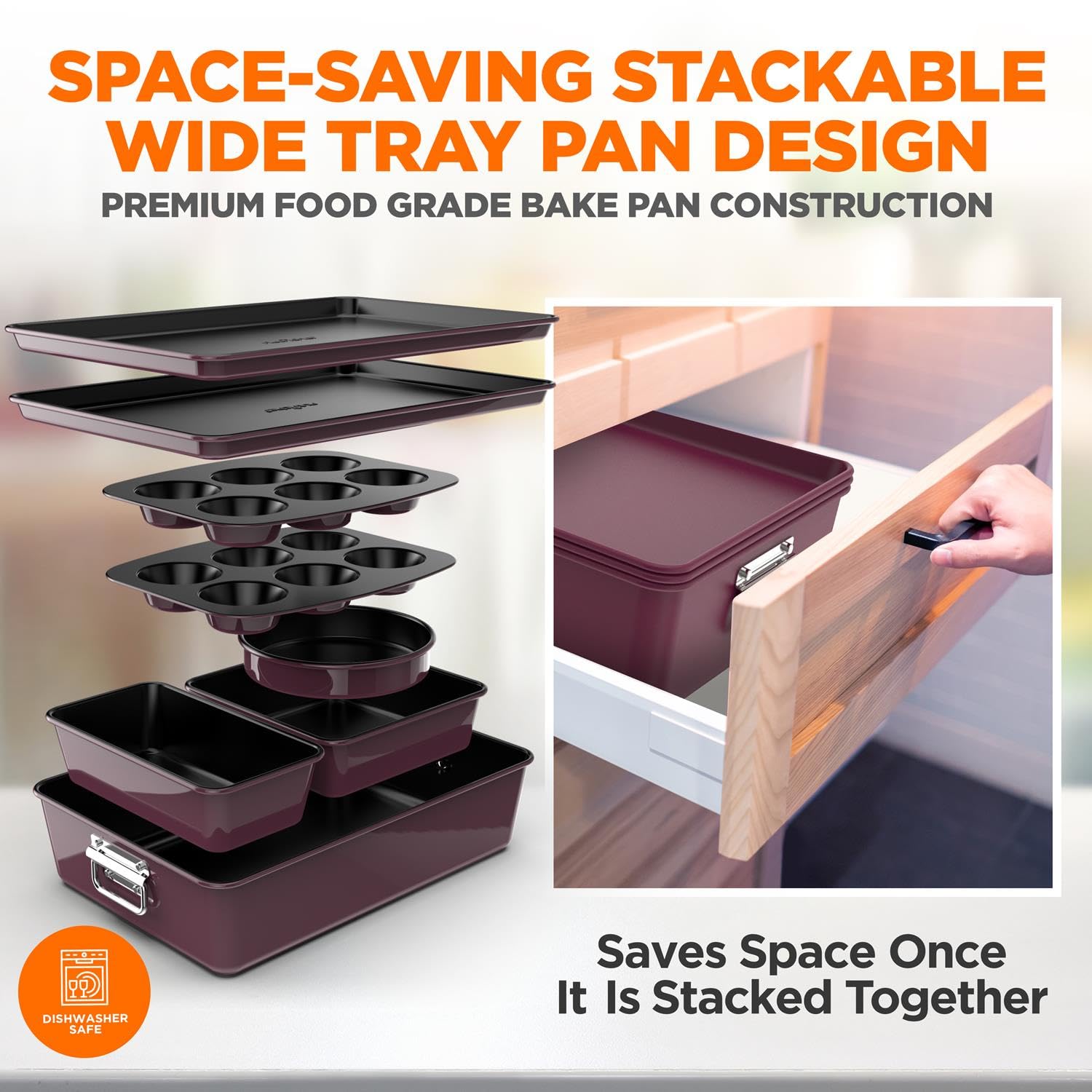 NutriChef 8-Piece Nonstick Stackable Bakeware Set - PFOA, PFOS, PTFE Free Baking Pan Set w/Non-Stick Coating, 450°F Oven Safe, Round Cake, Loaf, Muffin, Wide/Square Pans, Cookie Sheet (Plum)