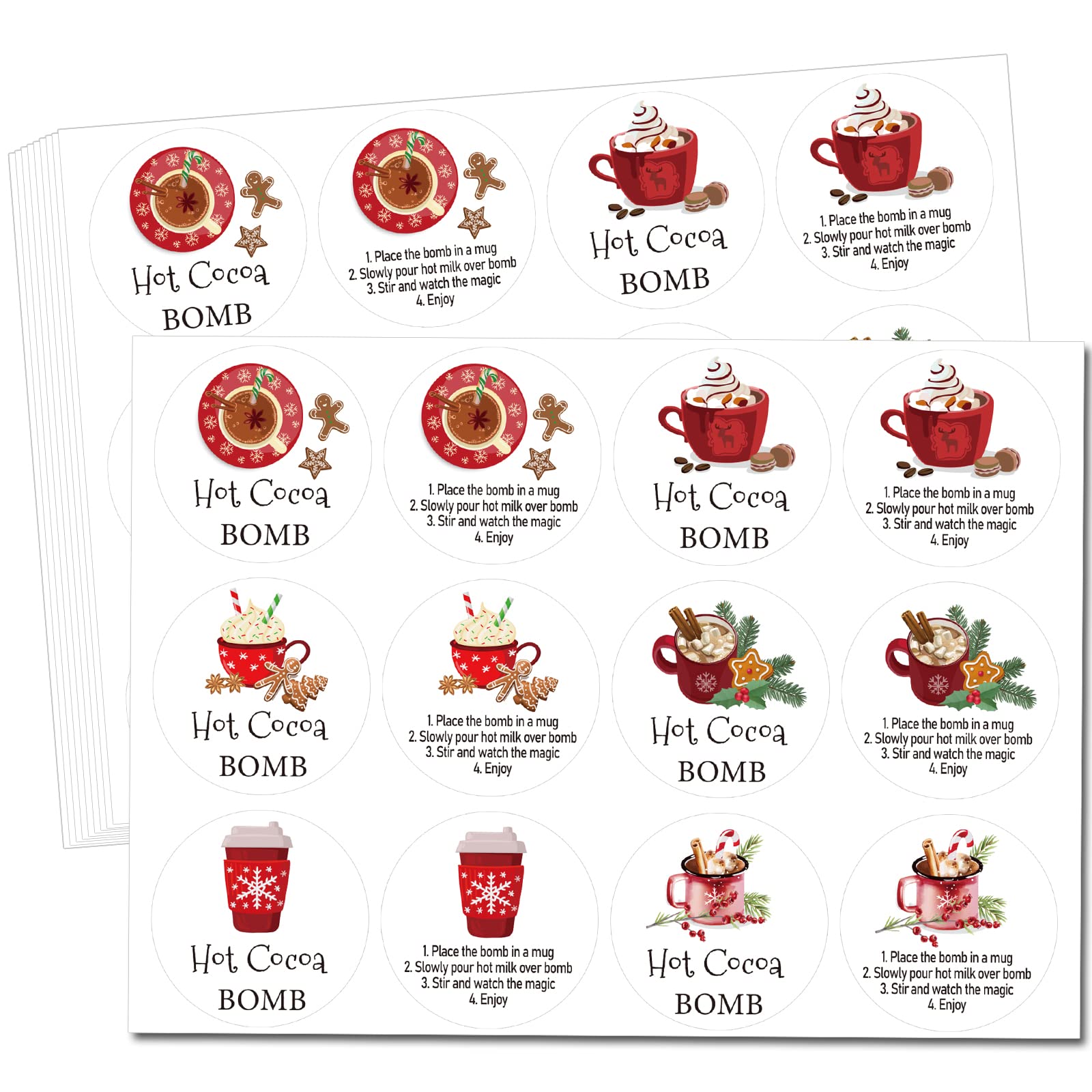 Photo 1 of 120 Pcs Christmas Hot Cocoa Bomb Sticker Labels 1.5 Inch Circle Stickers Cups Mugs Candy Canes Hot Chocolate Bomb Stickers for Packaging Scrapbooking Crafts Gifts Boxes Cards Envelopes, 10 Sets of 12