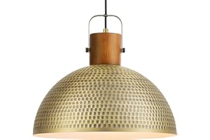 ELYONA 16 Inch Large Hammered Pendant Light Fixtures Ash Wood Vintage Dome Hanging Lamp Antique Gold Metal Kitchen Chandelier for Island, Farmhouse Dining Room Living Room Hallway Brushed Brass
