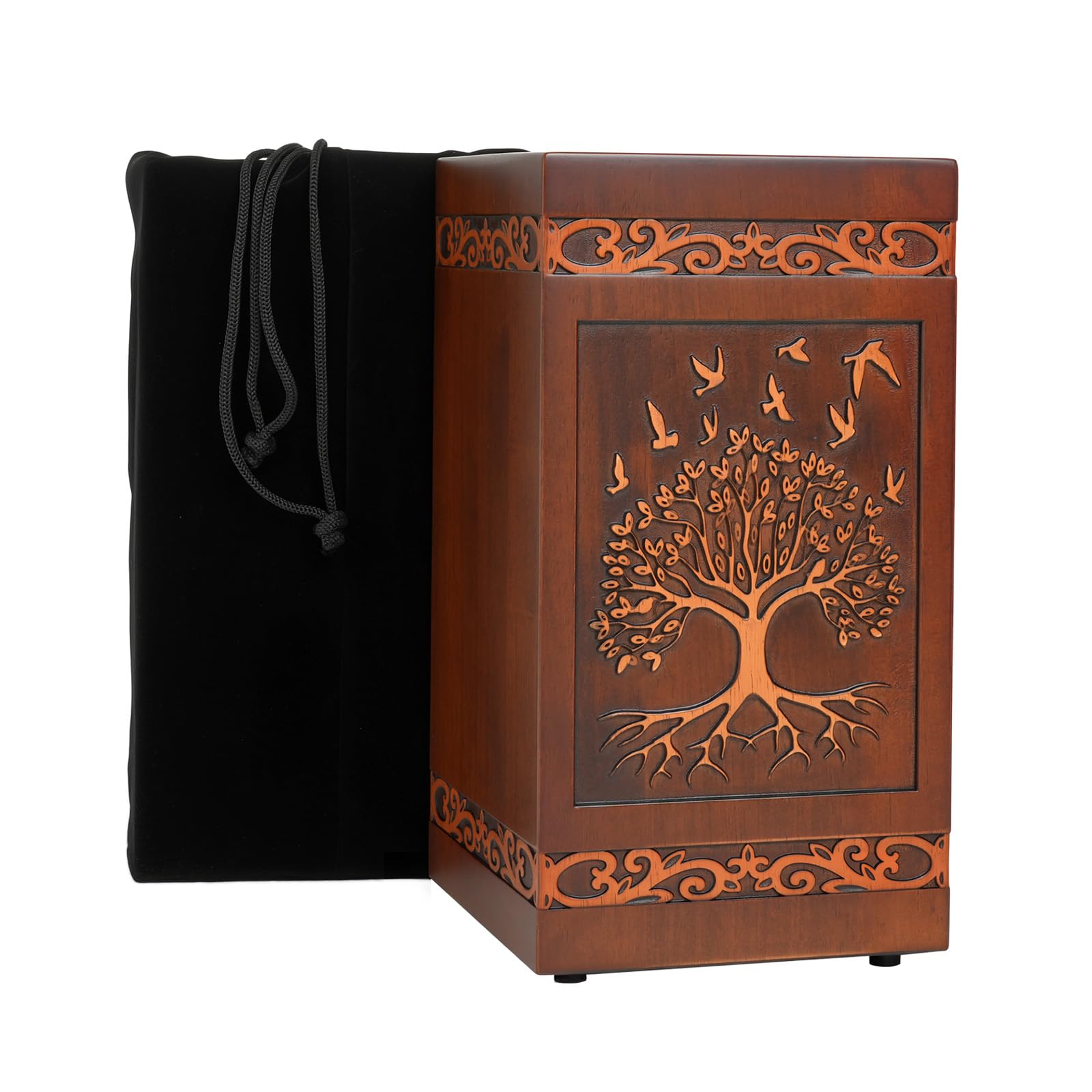 Photo 1 of Uzvoxhe Wooden Cremation Urn for Human Ashes Adult Men and Women, Tree of Life Engraved Design, 250 lbs Capacity, Decorative Funeral Urn Box with Satin Bag for Burial Memorial-Tree of Life