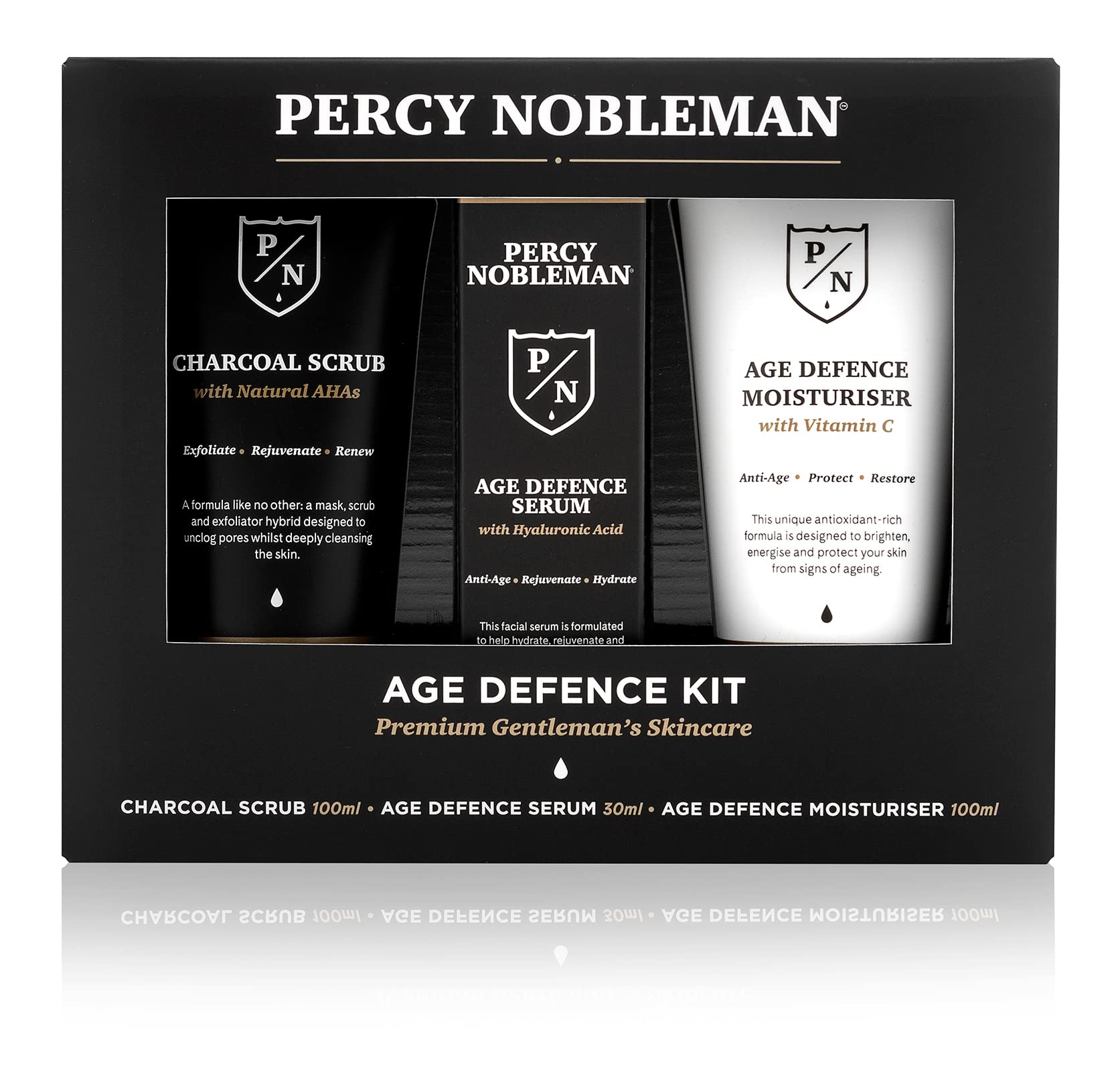 Percy Nobleman Age Defence Kit, a men's skincare set containing Charcoal Face Scrub (with Natural AHAs), ultra-hydrating Facial Serum (with Hyaluronic Acid), and Moisturiser (with Vitamin C) — image 1