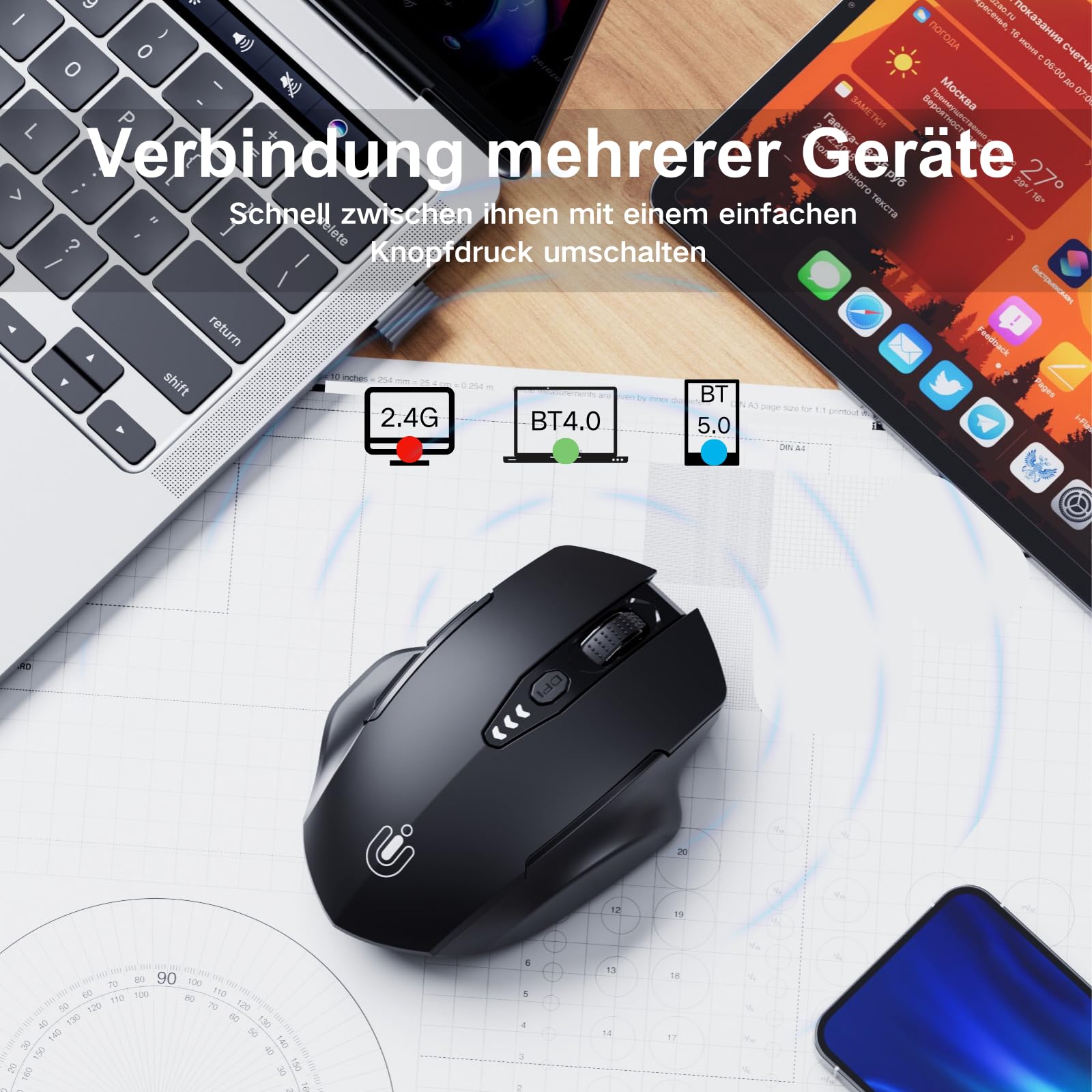 Uineer Kabellose Bluetooth Maus, Tri-Modus BT 5.0/4.0 & 2,4 GHz, Schwarz 2