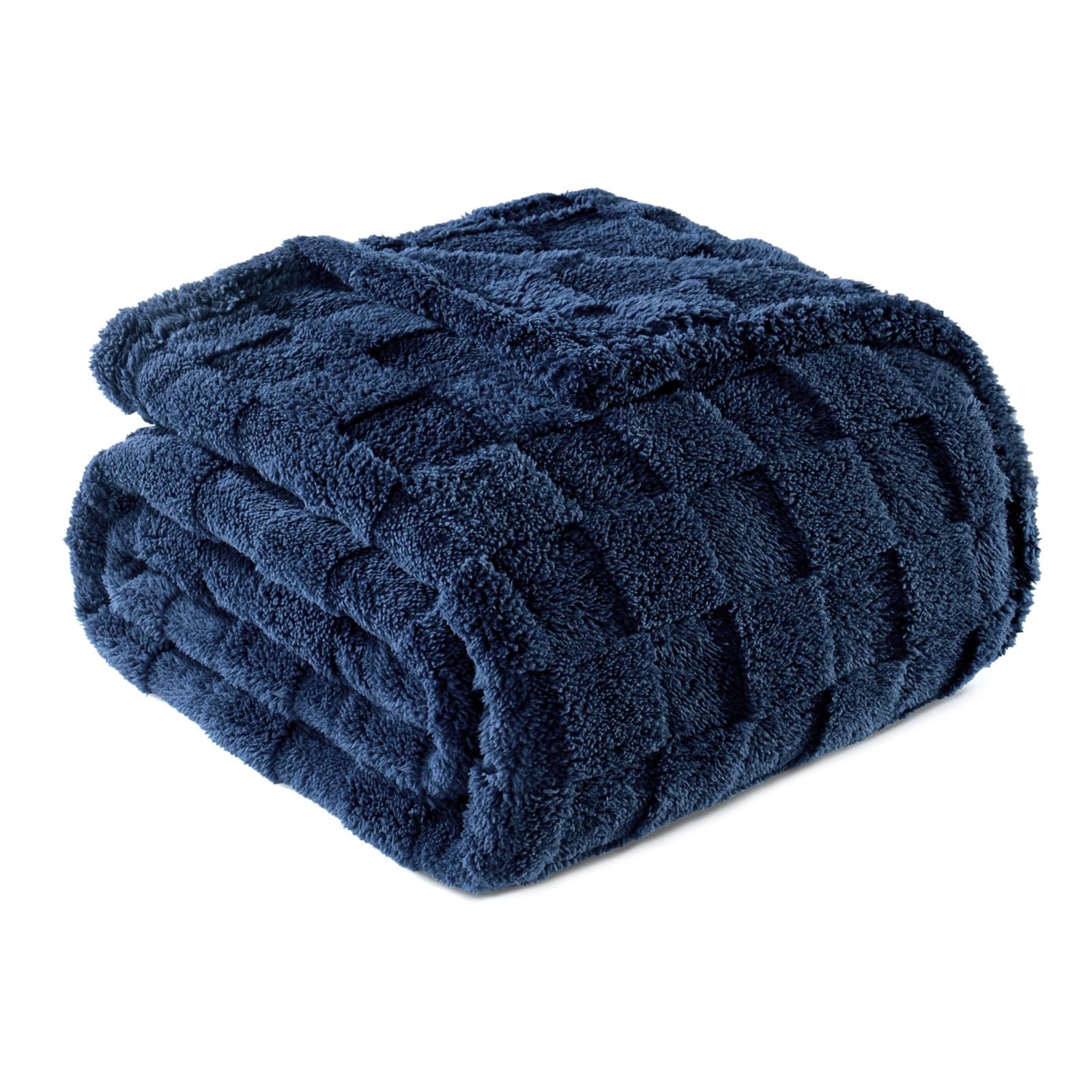 Exclusivo Mezcla Fleece Throw Blanket for Couch,Super Soft and Warm Lightweight Checkered Pattern Blankets for All Seasons, 127x152 CM, Navy Blue