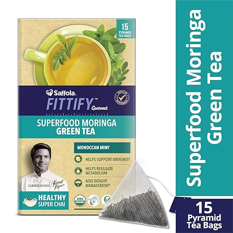 Saffola FITTIFY Gourmet Superfood Moringa Green Tea, Moroccan Mint, 15 Sachets, 37.5g