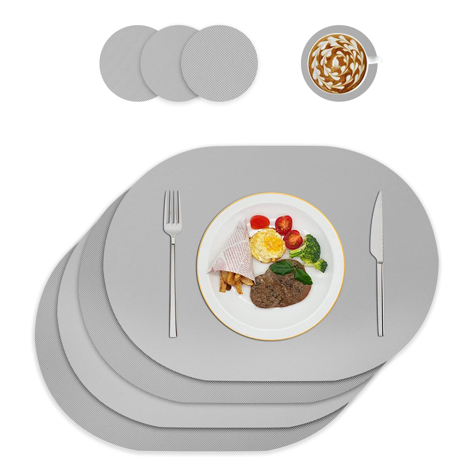 WAKOSAN Leather Placemats and Coasters - Washable, Table Decoration, Set of 4 (Oval, Grey)