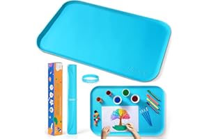 ATMINI Silicone Craft Mats for Kids 24"x16"– with Raised Lip & Non-Slip | Reusable Silicone Art Mat for Play Sand, Painting, DIY Crafts | Durable Design (Blue)