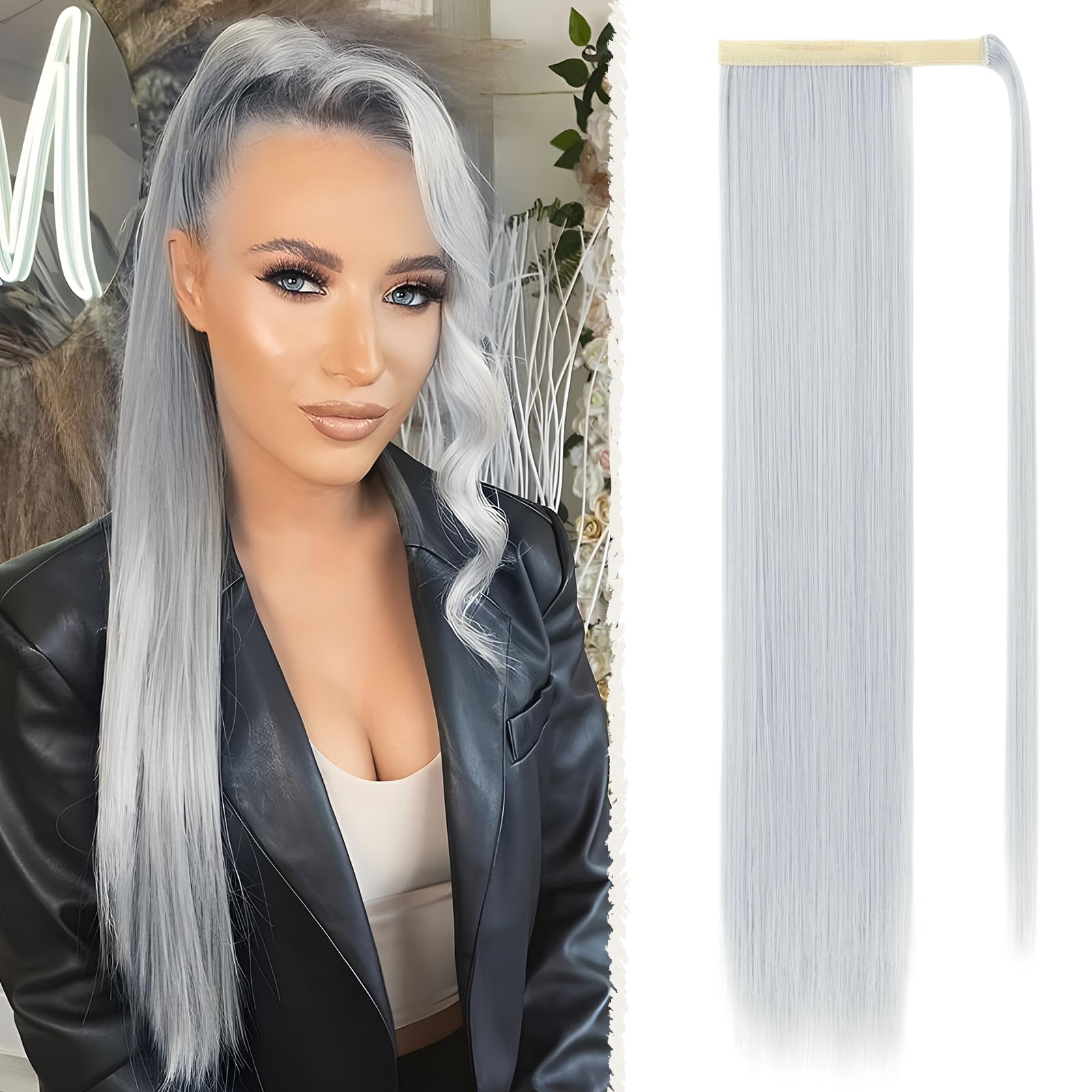 Benehair 28 Inches Straight Ponytail Extension Long Wrap Around Drawstring Ponytail Synthetic Hair Extension Ponytail Silver Gray Hair Pieces for Women(Silver Gray, 140g)