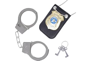 Hmxpls Police Costume Accessories - Police Badge Fake Handcuffs with Keys Set, Detective Cop Spy Costume Accessories