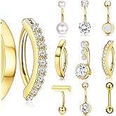 ZeriLion 9 Pcs 14g Surgical Steel Belly Button Rings Navel Piercing Jewelry for Women Gold Silver CZ Opal Pearl Clicker Ring Set