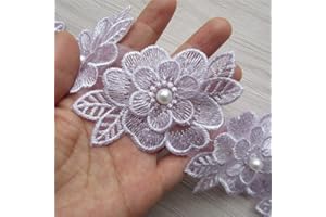 SHBBON 2 Yards 3D Flower Lace Trim Pearl Embroidered Polyester Lace Ribbon Fabric Applique Patchwork for Wedding Dress Handmade DIY Sewing Craft Supplies Decoration (Purple)