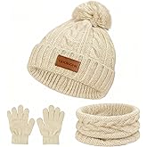 GDOWOHK Winter Hat Gloves Scarf Set, 5% Wool Warm Fleece Beanie, Knit Scarf, Touchscreen Gloves