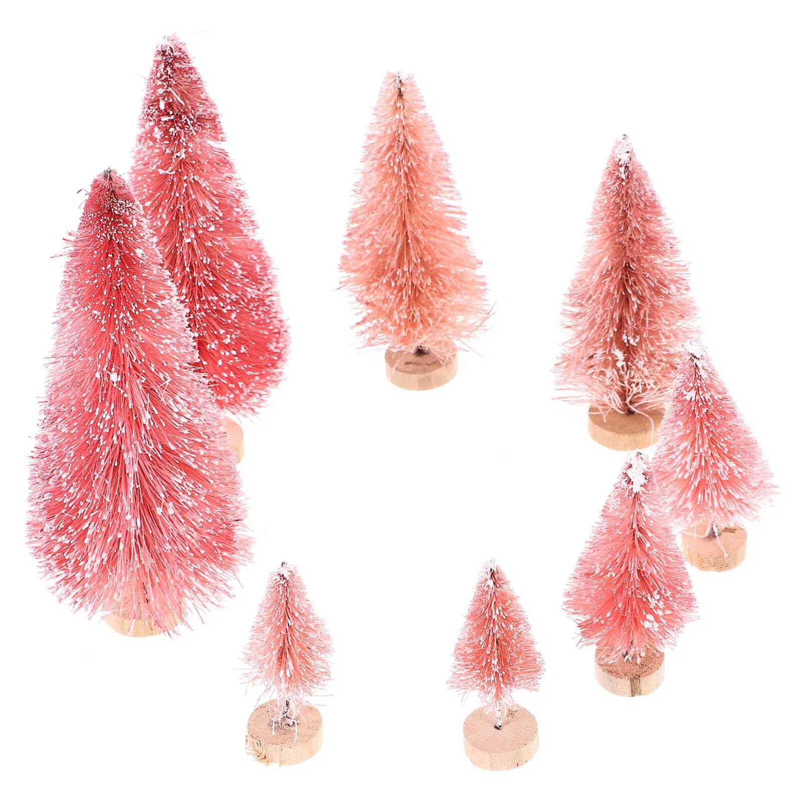 TOYANDONA 8pcs Bottle Brush Christmas Trees Pink Mini Christmas Trees Small Mini Pine Trees Desktop Miniature with Snow and Wooden Base