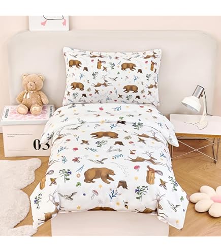 Holawakaka Juego De Edredón De Bosque Para Niños, Tamaño Individual Para Niños Y Niñas, Lindos Juegos De Ropa De Cama Con Estampado De Oso Animal, Zorro, Conejo, árbol (Azul, Individual
