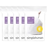 simplehuman Code E 100 Count Custom Fit Liners, Drawstring Kitchen Trash Bags, One-by-One Mess-Free Dispense, Extra Thick &amp; Double Seamed, 50% PCR Plastic, 20 Liter / 5.3 Gallon, White