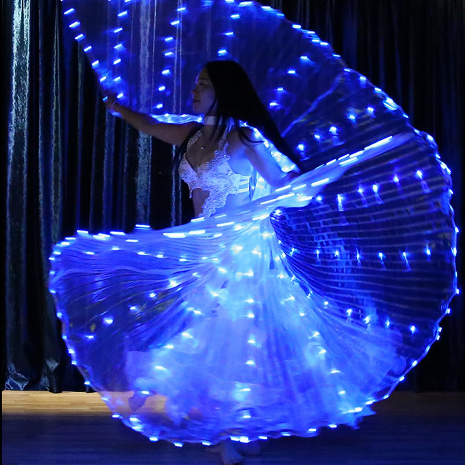 Alongen LED Isis Wings, Belly Dance Wings Colorful LED Butterfly Wings with Telescopic Sticks Glowing Light Up Costume Performance Clothing for Carnival Stage Christmas Party (Blue Light, Adult)