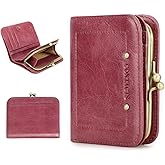 CONTACTS Full Grain Leather Kiss Lock Wallet for Women Kiss Clasp Coin Purse Vintage Bifold Card Holder Cute Small RFID Wallet (Pink)
