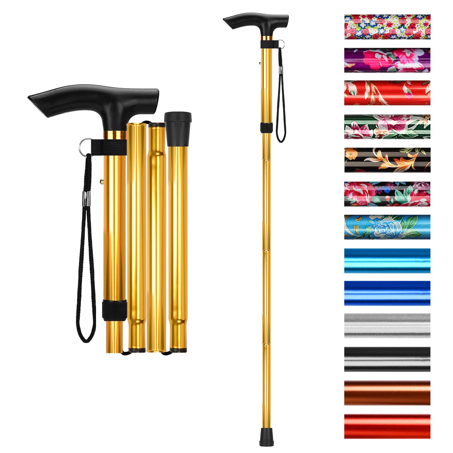 supregear Walking Stick - Adjustable Folding Walking Sticks for Women and Men - Lightweight Portable Collapsible Balancing Aid - Foldable Travel Cane for Ladies Elderly Adults, Gold