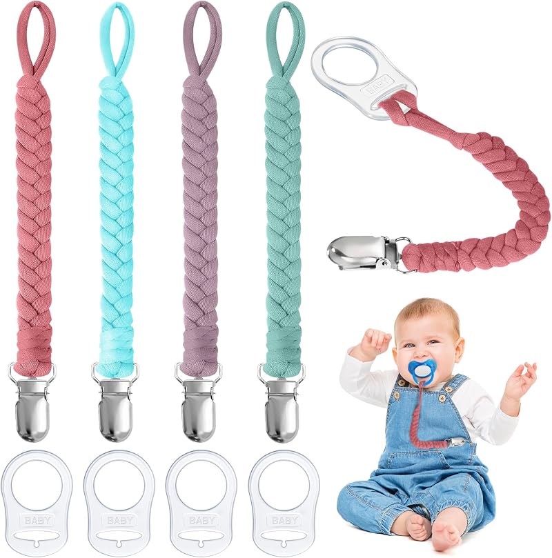 Aolso Dummy Clips Pacifier Chain 4pcs with 4 Silicone Adapters Pink Blue Green