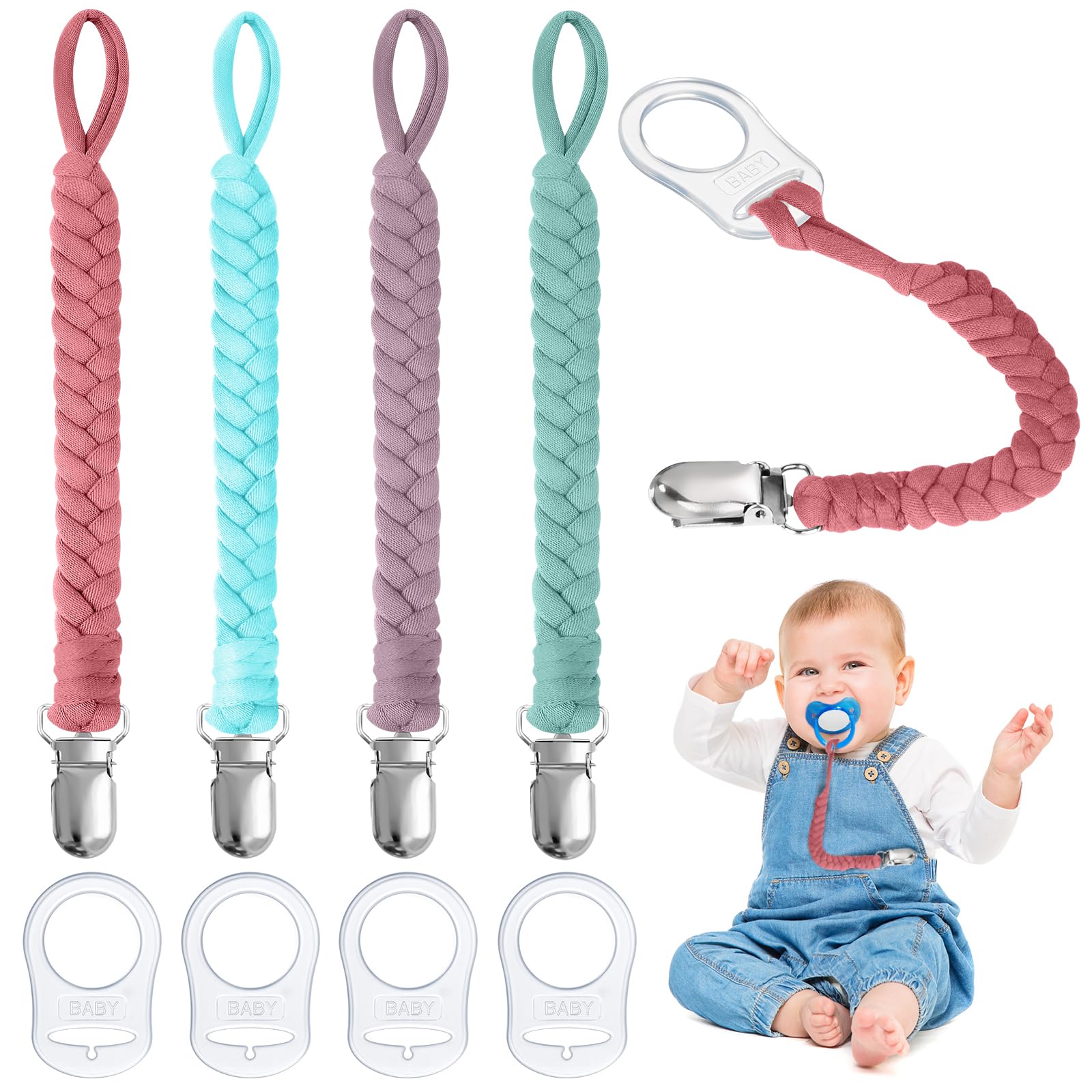 Aolso Dummy Clips Pacifier Chain, 4pcs Dummy Pacifier Chain with 4pcs Clip Adapter, Silicone Ring Adapter, Soother Chain Holder Straps Teething Clip, Teething Toy (Pink/Blue/Green)