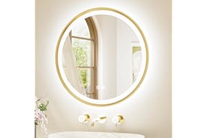 TETOTE 24 Inch Round LED Mirror for Bathroom, Frontlit & Backlit Gold Circle Metal Framed LED Vanity Mirror, 3 Colors Illumin